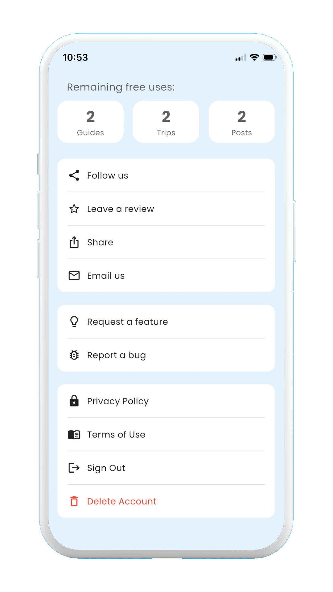 Meily Trips: How to delete your account: settings