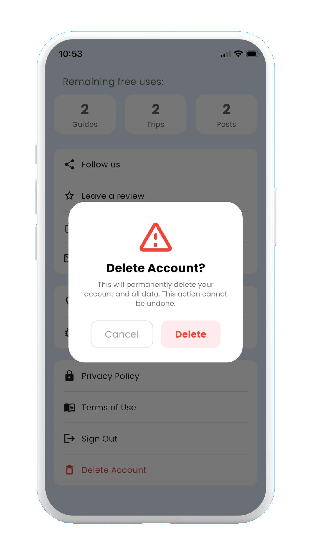 Meily Trips: How to delete your account: confirm deletion