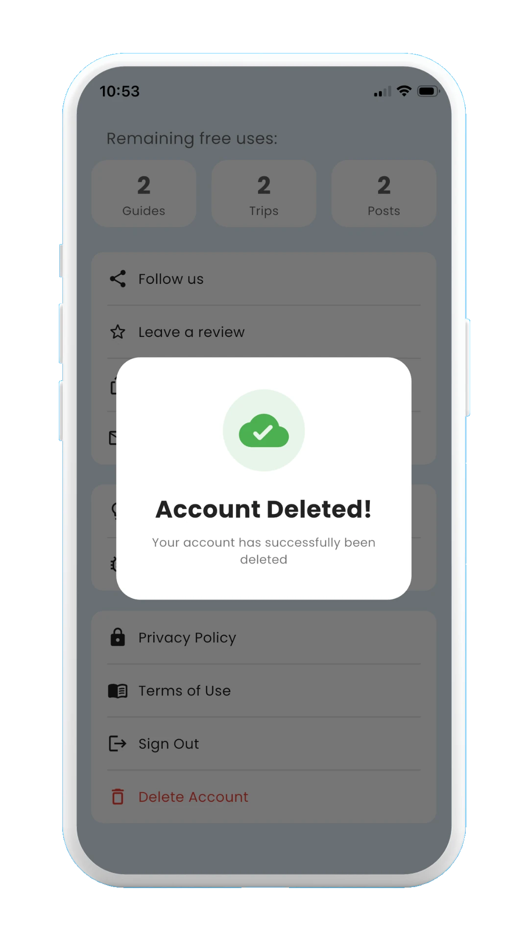 Meily Trips: How to delete your account: account deleted