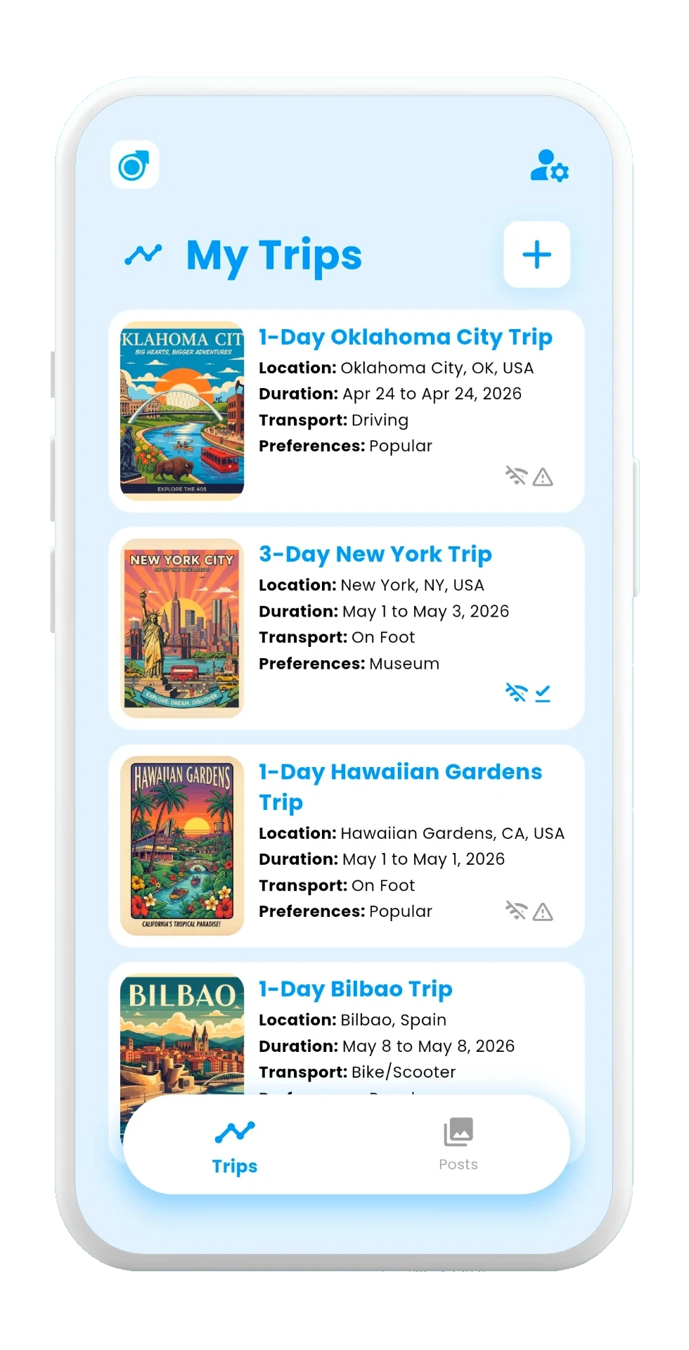 Offline trips: home page with offline map