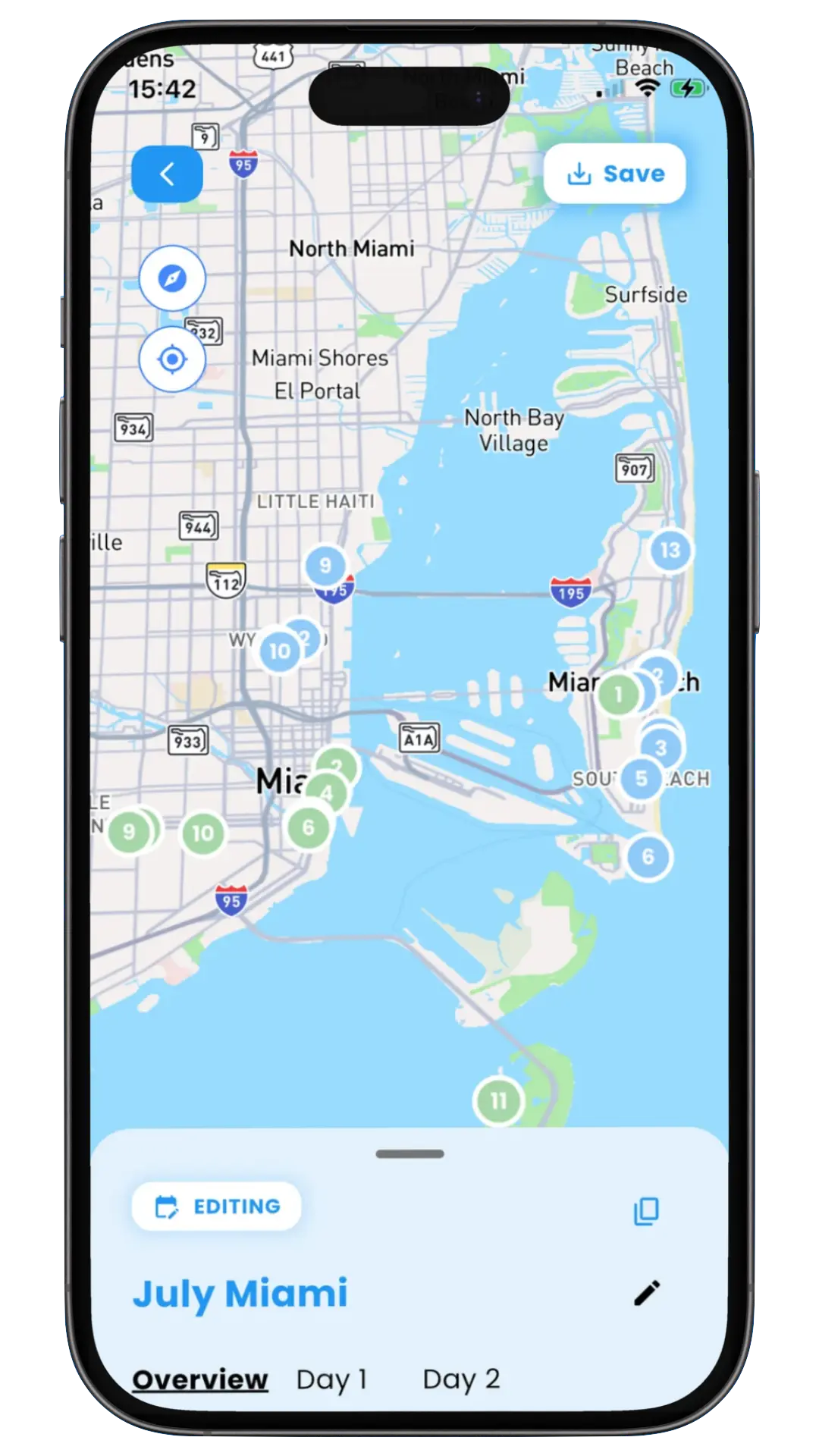 Map with generated itinerary