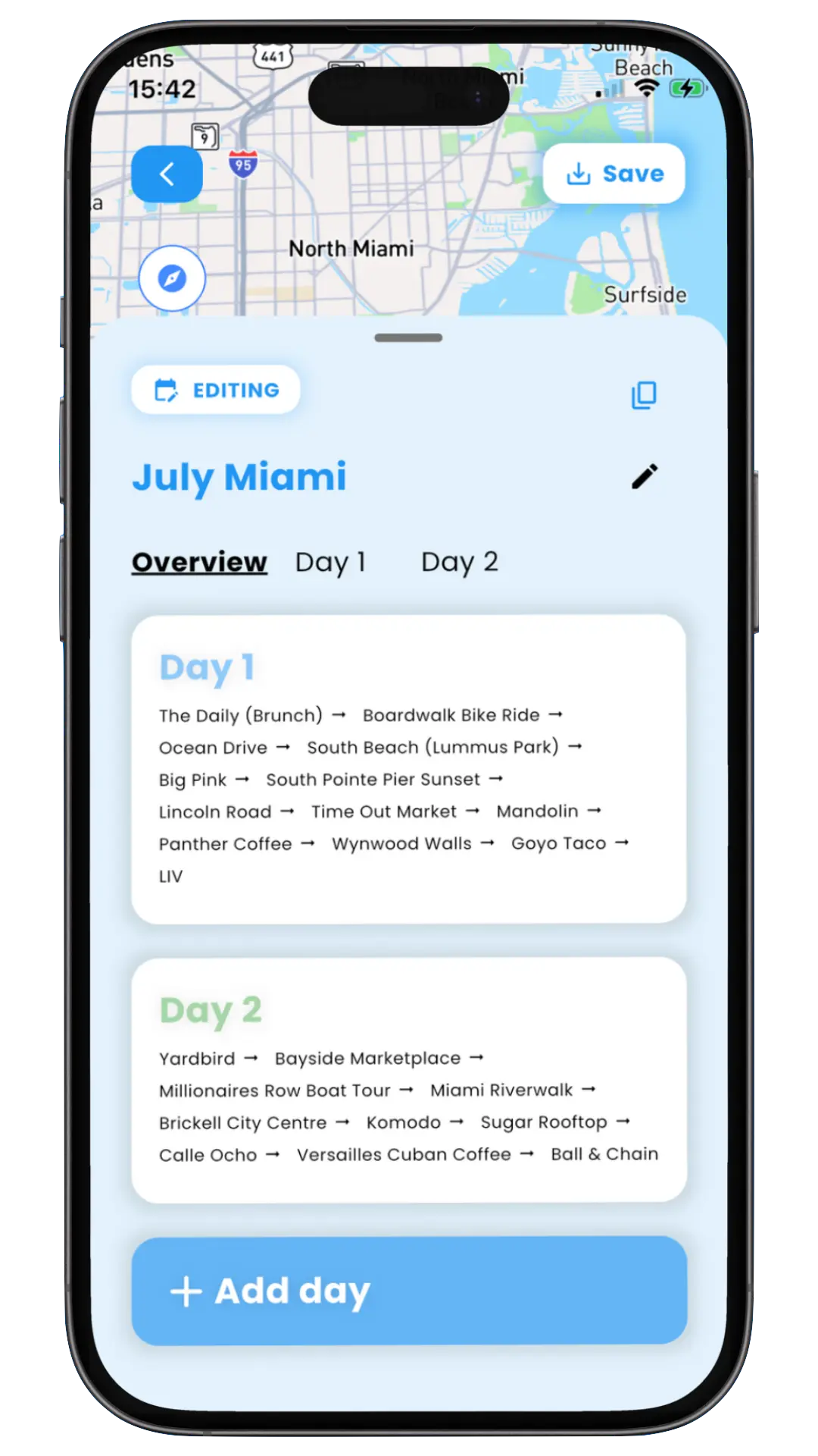 Itinerary days overview with save button