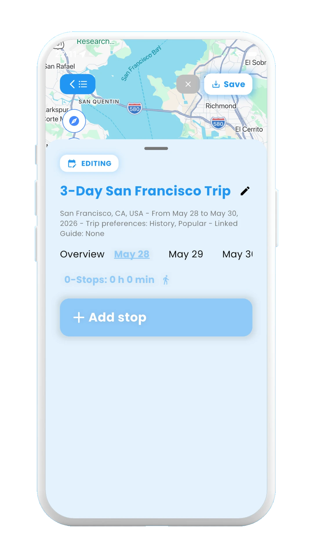 Meily Trips: Create New Trip from Scratch: Empty Stops