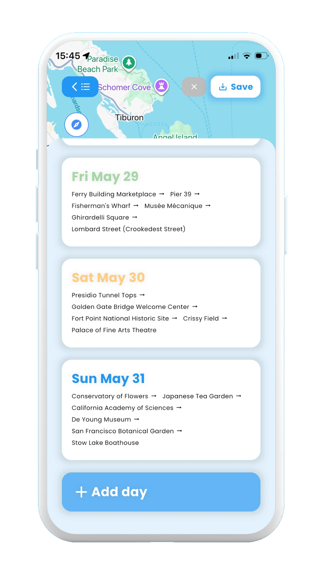 Meily Trips: How to Add a new day with AI: New day overview
