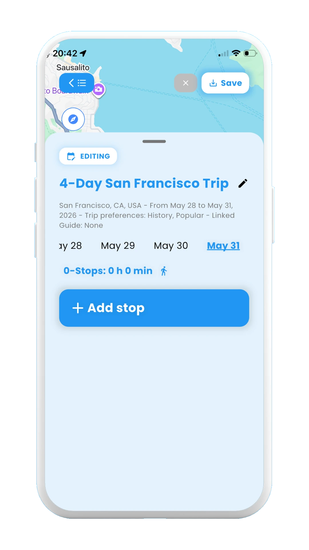 Meily Trips: How to Add an empty day: Empty day stops