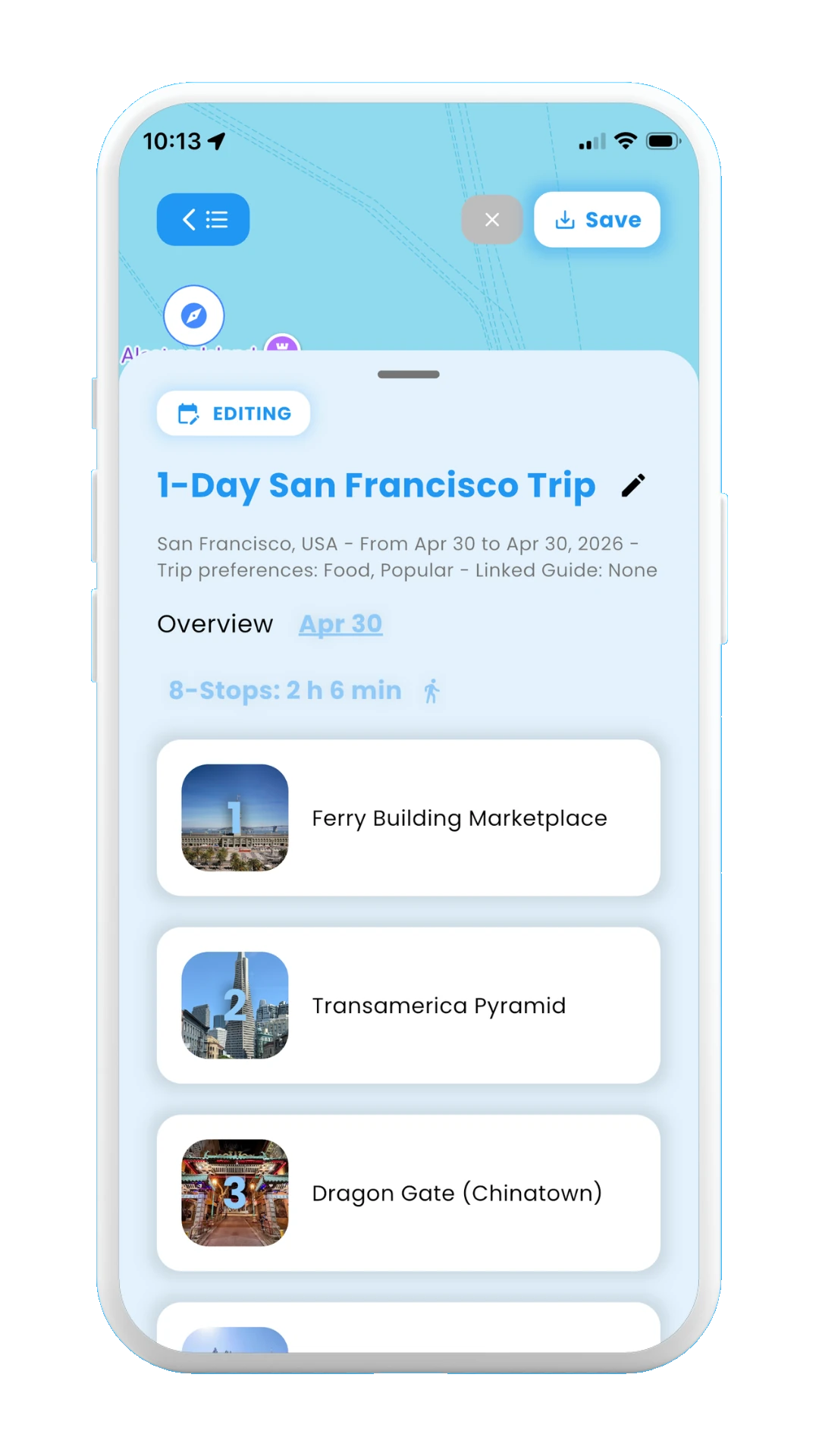 Meily Trips: How to create a trip from a post: created trip stops
